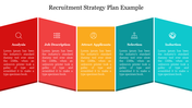 Five-step recruitment plan strategy with colorful sections, five captions areas and small icons.