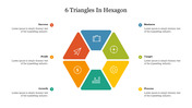 Hexagon made of six triangles, each labeled with business-related concepts along with icons in the center.