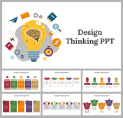 Large light bulb with a brain and design icons, six process slides below depicting different design thinking steps.