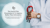 A doctor in a white coat holding a stethoscope with a quote in a circular design with a placeholder text.