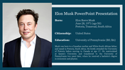 Slide with Elon Musk's profile, featuring his birth details, citizenship, education, and background information.