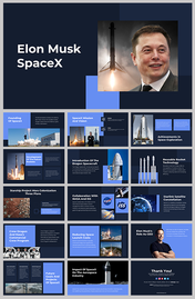 Elon Musk spaceX slides with rocket launches, space exploration achievements, and future plans, in dark blue tones.