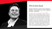 Split layout with monochrome portrait of Elon Musk on dark backgrop with red accents and white text on the right.