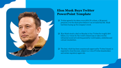 Elon Musk's portrait on a blue background with the Twitter logo, alongside text detailing his acquisition of the company.