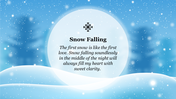 A winter scene of falling snow, snowy hills, and a white circle in the center with text, set against a blue background.