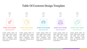 Table of contents design template with five sections each section has a numbered icon, a title, and placeholder text.