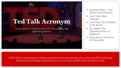 Slide showcases the TED Talk acronym with a list of notable talks of many speakers with a text area.