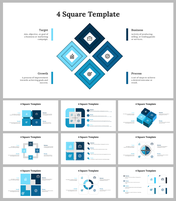 A pack of slides featuring four interconnected blue squares with icons and different layout designs with text descriptions.