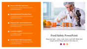 Orange sidebar listing food safety tips using bullet points and a food scientist examining samples with a microscope.