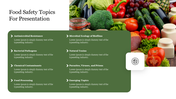 Vibrant vegetables with a green overlay featuring food safety topics with caption areas.