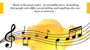 A flowing staff with musical notes and a treble clef, set over a yellow-orange gradient design, with a quote at the top.