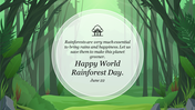 Slide design for World Rainforest Day with a circular text area overlay on a vibrant forest backdrop.