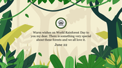 Illustrated forest background with a world rainforest day message, featuring lush greenery and foliage.