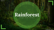 A slide deck with a green circle over a rainforest background, showcasing sections on climate, biodiversity, and vegetation.