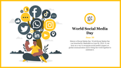 Illustration of a person using a smartphone with social media icons forming a tree, on a yellow-themed layout.