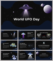 Dark-themed world UFO day slides featuring UFO graphics, history, famous incidents, and research on extra terrestrial life.