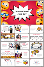 A slide deck featuring a variety of playful emojis and a central comic-style speech bubble announcing international joke day.