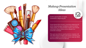 Makeup tools tied with a blue bow on left and right side has a maroon text area with a makeup icon and placeholder text.