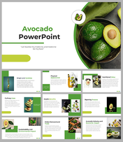 Green themed slide deck with images of avocados, covering health benefits, varieties, and sustainability.