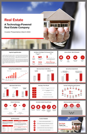 Real estate company images for investors, showcasing slides on revenue growth, savings metrics, and competitive advantages.