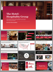 Red and white slide deck showcasing images of hotels, maps, and charts, detailing hotel and hospitality group.