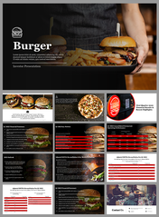 Dark themed slide deck with burger images, financial charts, and sections on quarterly highlights and projections.