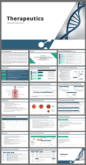 Therapeutics corporate slide deck with bold text on the left and an image of a DNA strand on the right.