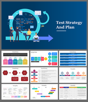 Collection of slides with blue arrow in cover and showing flowcharts, diagrams, and tables in various colors.