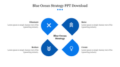 Blue ocean strategy slide featuring four blue icons and corresponding text in a diamond pattern.