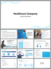 Healthcare investor cover slide deck with a simple white background and blue wave details about health care plans.