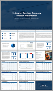 Comprehensive pitch deck for a helicopter services company, with slides on financials, market position, and projections.