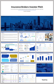 Slide deck with a blue theme, showing financial data, flowcharts, and graphs to support investment pitch.