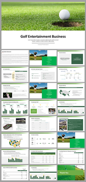 Golf Entertainment business slides showcasing statistics, investment opportunities, and financial growth insights.