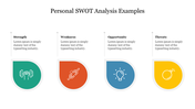 SWOT analysis with icons for strength, weakness, opportunity, and threats in colored teardrop shapes.