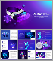 Slide deck with vibrant purple and blue tones, featuring a virtual reality headset and metaverse themed illustrations.