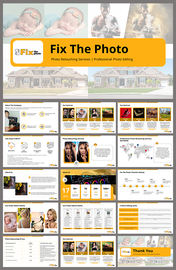 Slide deck for Fix The Photo, covering company info, services, process, and examples of photo editing work.