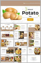 Set of slides with potato images covering history, types, dishes, and harvesting on a brown and white backdrop.