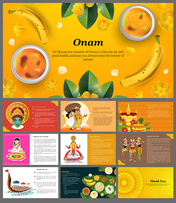 Onam festival slide deck with bright yellow background, traditional dishes, flowers, and cultural illustrations.