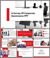 Corporate governance slide deck featuring professional images, sections on survey findings and key topics, in red accents.