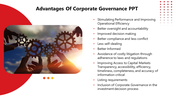 Silhouetted hands holding gears in front of a sunset, with advantages of corporate governance listed on the right.