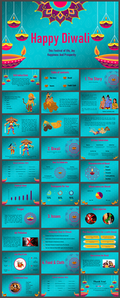 Diwali themed slide deck in bright colors, showcasing festival details, stories and celebrations in teal background.