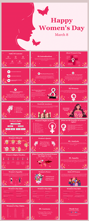 Women's day slides celebrating March 8 with sections on history, rights, equality, and influential quotes on a pink theme.