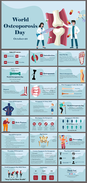 slide pack showing bone structure, risk factors, and prevention tips in a red and blue color scheme.