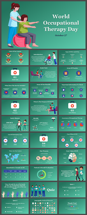 Occupational therapy day slides covering history, purpose, practice areas, patient evaluation, and benefits, in green theme.
