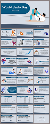 Pack of slides with Judo images, covering history, key figures, techniques, and teaching methods with blue and gray accents.