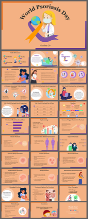 Collection of slides explaining Psoriasis with sections on causes, types, and treatment, in a peach and purple color scheme.