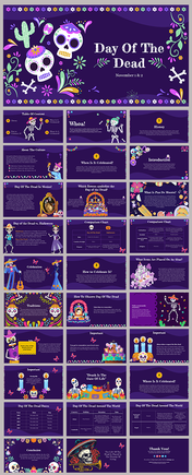 Colorful day of the dead slides highlighting its significance on a purple theme with various sections and descriptions.