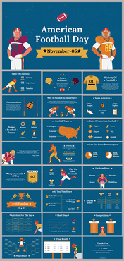 American football day event slide deck with illustrations of football players, and related topics on a blue backdrop.