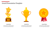 Award slide with illustrations of a star trophy, a gold cup, and a gold medal, each with placeholder text below.