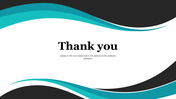 Thank you slide with modern teal and black wavy lines on a white background and placeholder text.